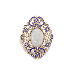 14KT Yellow Gold Opal Gemstone And Blue Enamel Flower Brooch