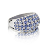 18KT White Gold Round Brilliant Cut And Blue Sapphire Gemstone Domed Ring