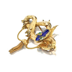 Vintage Gold, Enamel And Green Emerald Snake Tassel Brooch