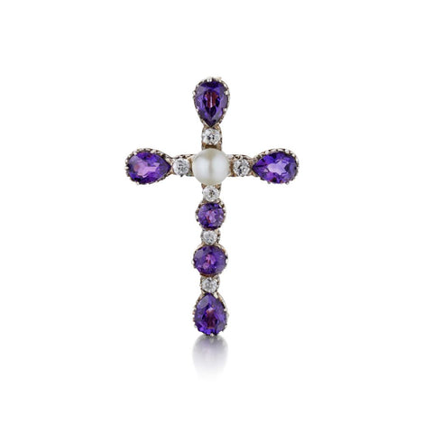Victorian Diamond, Pearl And Amethyst Cross Brooch/Pendant
