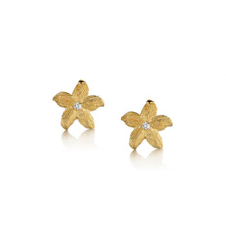 Yellow Gold Large Flower With Round Brilliant Cut Diamond Earring