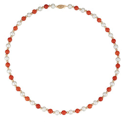 14KT Yellow Gold Coral Bead And 6MM Cultured Pearl Necklace