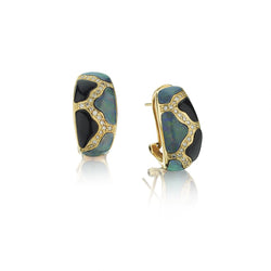 Yellow Gold Onyx, Opal And Diamond Custom Made Earrings
