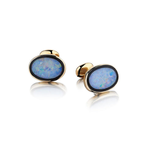 14KT Yellow Gold Opal Gemstone And Black Enamel Cufflinks