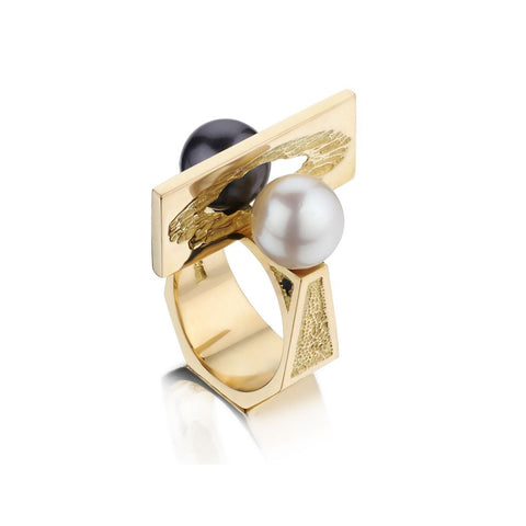 Custom One-Of-A-Kind Brutalist -Era  Geometric Yellow Gold Pearl Ring. By Lucas