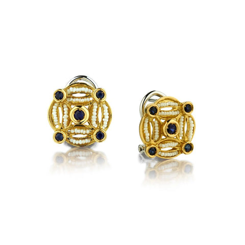 Geometric Design Gold Sapphire And Fresh Water Pearl Earrings