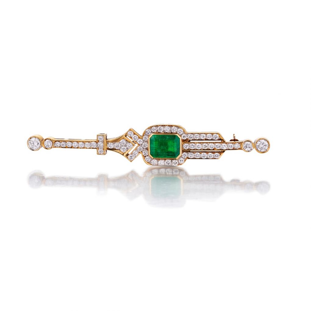 Green Emerald And Diamond 18KT Yellow Gold Bar Pin Brooch – Van Rijk