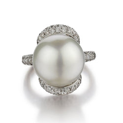 18kt White Gold Diamond Swirl Ring. 14MM South Sea Pearl