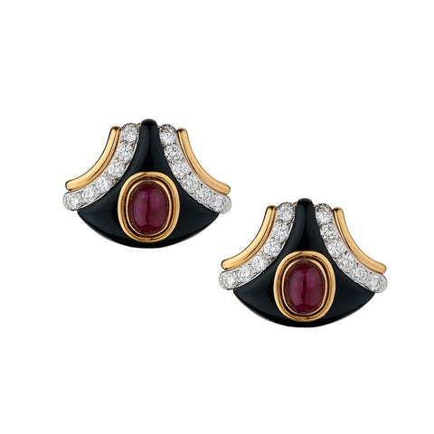 18KT Yellow Gold Diamond, Onyx and Cabochon Ruby Earrings