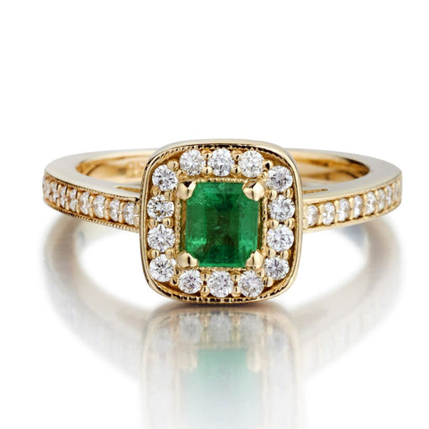 0.35 Carat Square Cut Green Emerald Halo-Set Diamond Ring