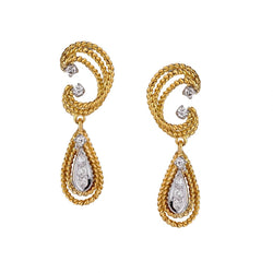18KT Yellow Gold And Diamond Elegant Swirl Drop Earrings