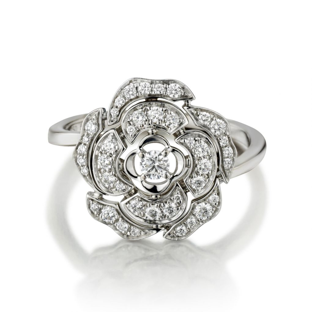 Chanel Bouton De Camelia Diamond Flower 18K White Gold Ring Size 59 Size 9