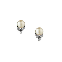 Vintage Platinum 9.5MM Pearl And Diamond Stud Earrings