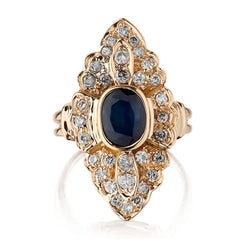 18KT Yellow Gold Blue Sapphire And Diamond Navette Ring