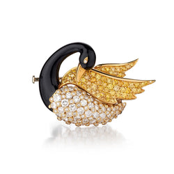 9.00 Carat Total Weight Yellow And White Diamond And Onyx Swan Brooch