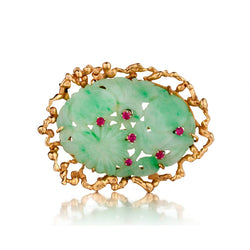 Vintage 14kt yellow gold Jade and Ruby brooch. Circa 1950.