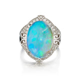 Ladies 14kt White Gold Opal and Diamond Ring. Vintage Inspired.