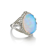 Ladies 14kt White Gold Opal and Diamond Ring. Vintage Inspired.