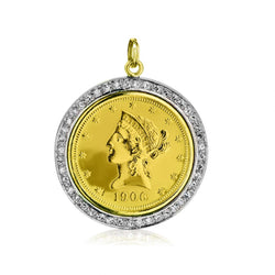 US Ten Dollar Coin in 22kt  Framed By A Halo of Diamonds. Pendant.