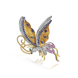 Large Ruby, Blue Sapphire, Green Emerald and Diamond Butterfly Brooch.