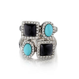 Torquoise, Onyx and Diamond ring. 18kt White Gold