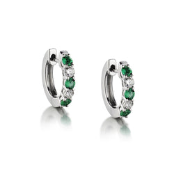 18kt White Gold Green Emerald and Diamond Huggies Earrings.