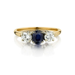 Ladies 3 Stone Blue Sapphire and Diamond Ring. 14kt Y/G