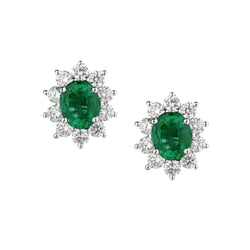 Ladies 18kt W/G Green Emerald and Diamond Cluster Earrings