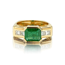18kt Yellow Gold Custom Green Emerald and Diamond Ring.