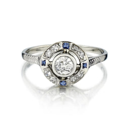 Platinum Vintage Diamond and  Blue Sapphire Ring. Circa 1945.