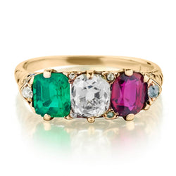 Victorian 18kt Y/G Three Stone Genuine Emerald, Diamond and Ruby Gold Ring