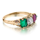 Victorian 18kt Y/G Three Stone Genuine Emerald, Diamond and Ruby Gold Ring