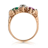 Victorian 18kt Y/G Three Stone Genuine Emerald, Diamond and Ruby Gold Ring