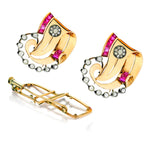 Retro 18kt Rose Gold Diamond and Red Stone Double Clips