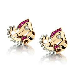 Retro 18kt Rose Gold Diamond Ribbon Design Earrings. Circa 1940's