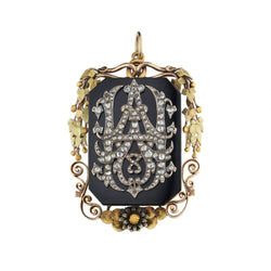 Victorian Era Yellow And Rose Gold Square Onyx And Diamond Pendant