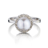 8MM Pearl And Diamond Halo 14KT White Gold Cocktail Ring