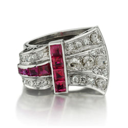 Retro Era Platinum Synethic Ruby And Square Cut Diamond Unique Ring
