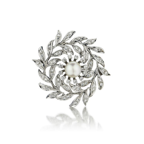 Mid-Century 14KT White Gold Pearl And Diamond Pendant/Brooch