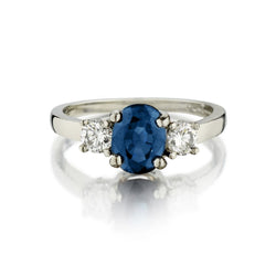 Classic Platinum Blue Sapphire and Diamond 3-Stone Ring.