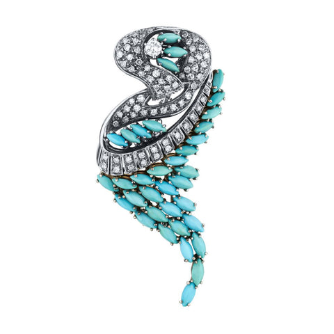 Beautiful Torquise and Diamond Vintage Brooch. 18kt W/G