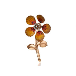 Mid-Century Large Rose Gold Floral Enamel And Diamond Brooch