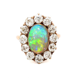 Vintage Opal & European Cut Diamond Pink Gold Ring
