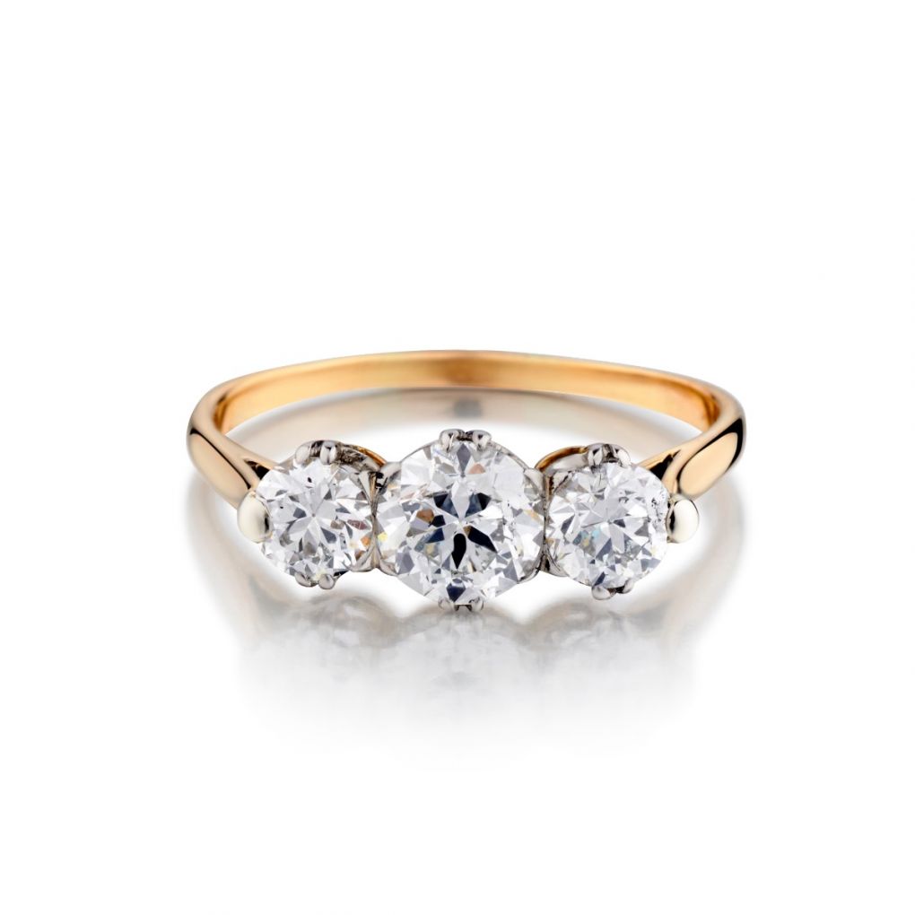 Vintage Three Stone Platinum And Yellow Gold Diamond Ring Van Rijk vintage-three-stone-platinum-and-yellow-gold-diamond-ring-van-rijk