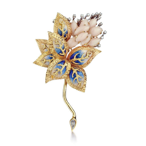 Pink Coral And Diamond Hand-Assembled Enameled Flower Brooch