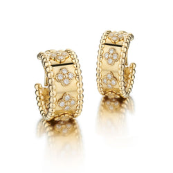 Van Cleef & Arpels Yellow Gold Perlee Clover Diamond Hoop Earrings