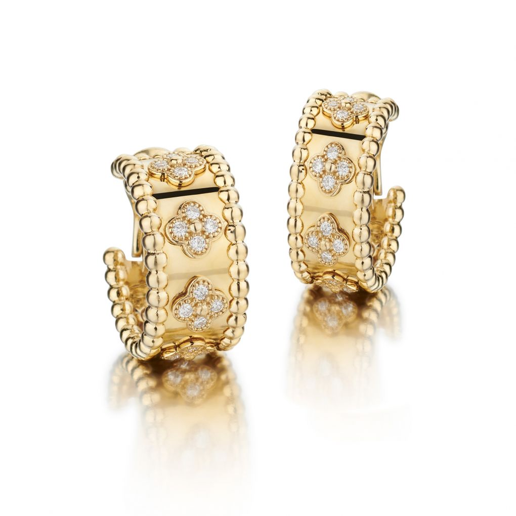 Van Rajak Van Cleef & Arpels Yellow Gold Perlee Clover Diamond Hoop Earrings ...