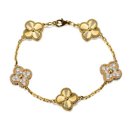 Van Cleef & Arpels Vintage Alhambra 5 Motif Diamond Guiloche and Diamond Bracelet.