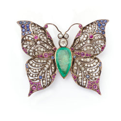 Antique Diamond, Emerald, Ruby & Sapphire Butterfly Brooch