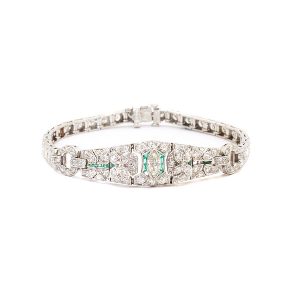 Art Deco Marquise Cut Diamond Green Emerald Bracelet Van Rijk art-deco-marquise-cut-diamond-green-emerald-bracelet-van-rijk